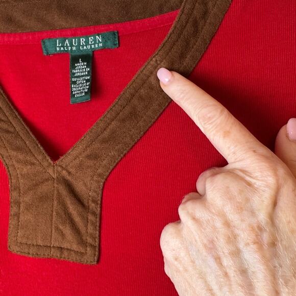 Lauren Ralph Lauren Red V Neck Top with Faux Suede Trim Size Large - Picture 4 of 7